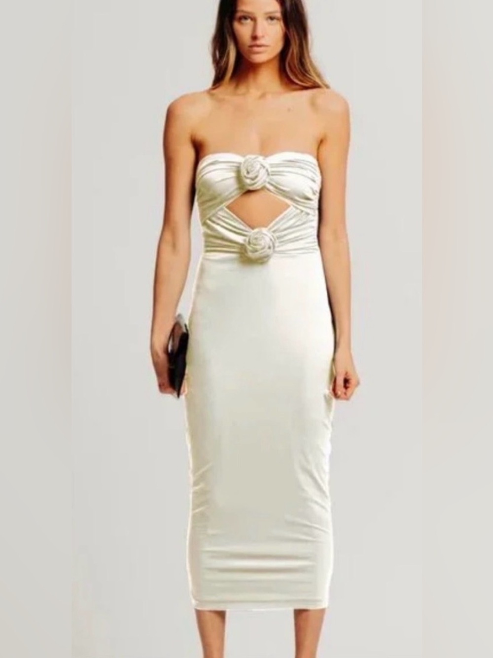 Torn by Ronny Kobo Ivory Strapless Cutout Rosette Bodycon Dress